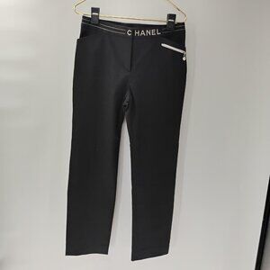 black womens dress pants straight cut chanel brand sz10 with‎ silver thread